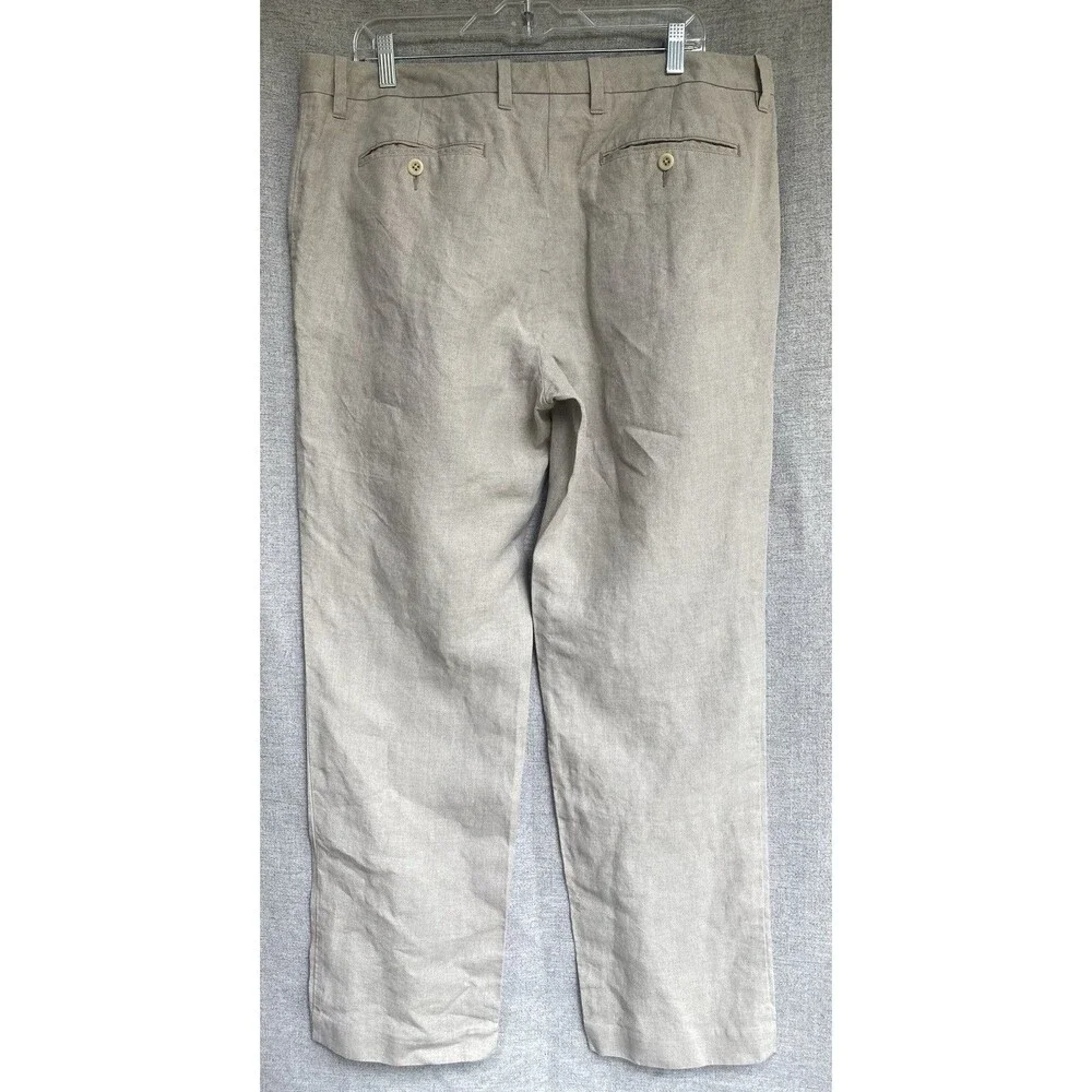 Tommy Bahama Beach Linen Pants Stone Khaki Mens 36x32 Flat Front Pocket Zip